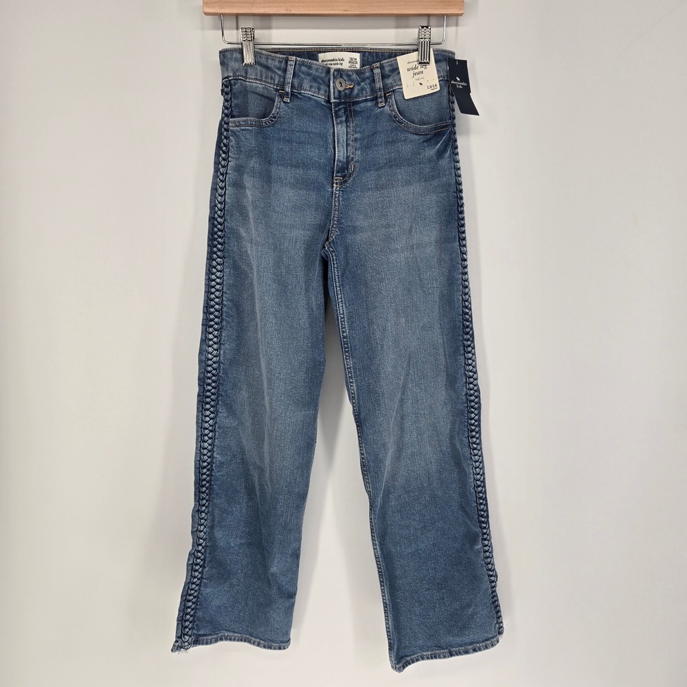 Abercrombie Kids Wide Leg Jeans Girls 13/14 Blue High Rise Braided Side Trim NEW